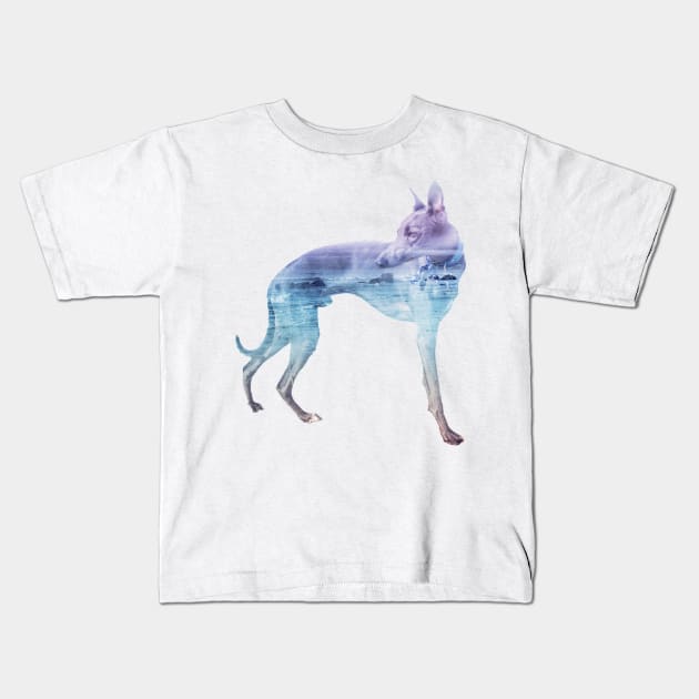 Blue & Purple Waves Whippet Kids T-Shirt by AmyHuntPhotos